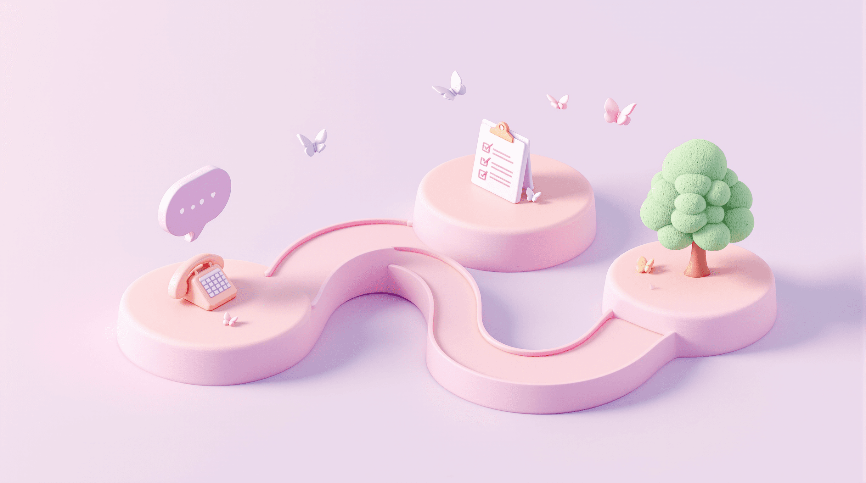 Illustration of the family journey: first call, assessment, personalized plan, then growth